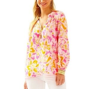 Lilly Pulitzer Silk Elsa Ooh La La Pink Yellow Floral Long Sleeves Blouse Top S
